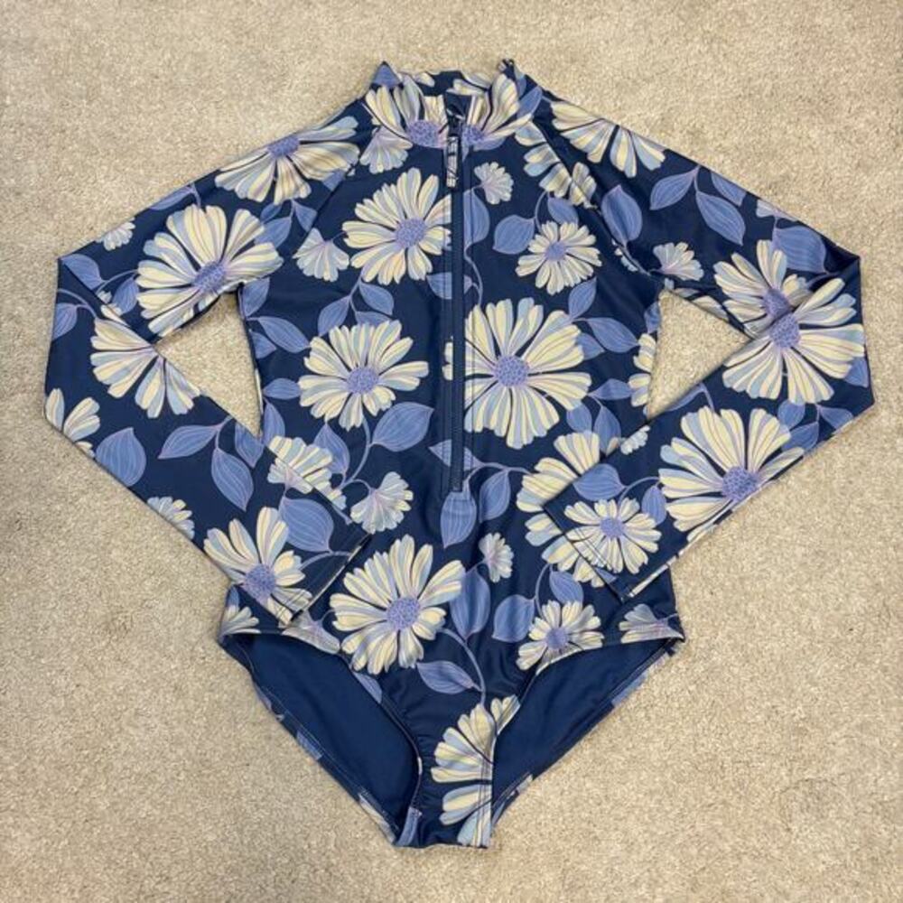Gap Kids Blue Floral Print Zip-Front One-Piece Long Sleeve Swimsuit Size XL